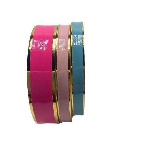 QVC Susan Graver 3 Enamel Bracelets Pink Hot Pink Light Blue Gold Tone Trim - Picture 2 of 7